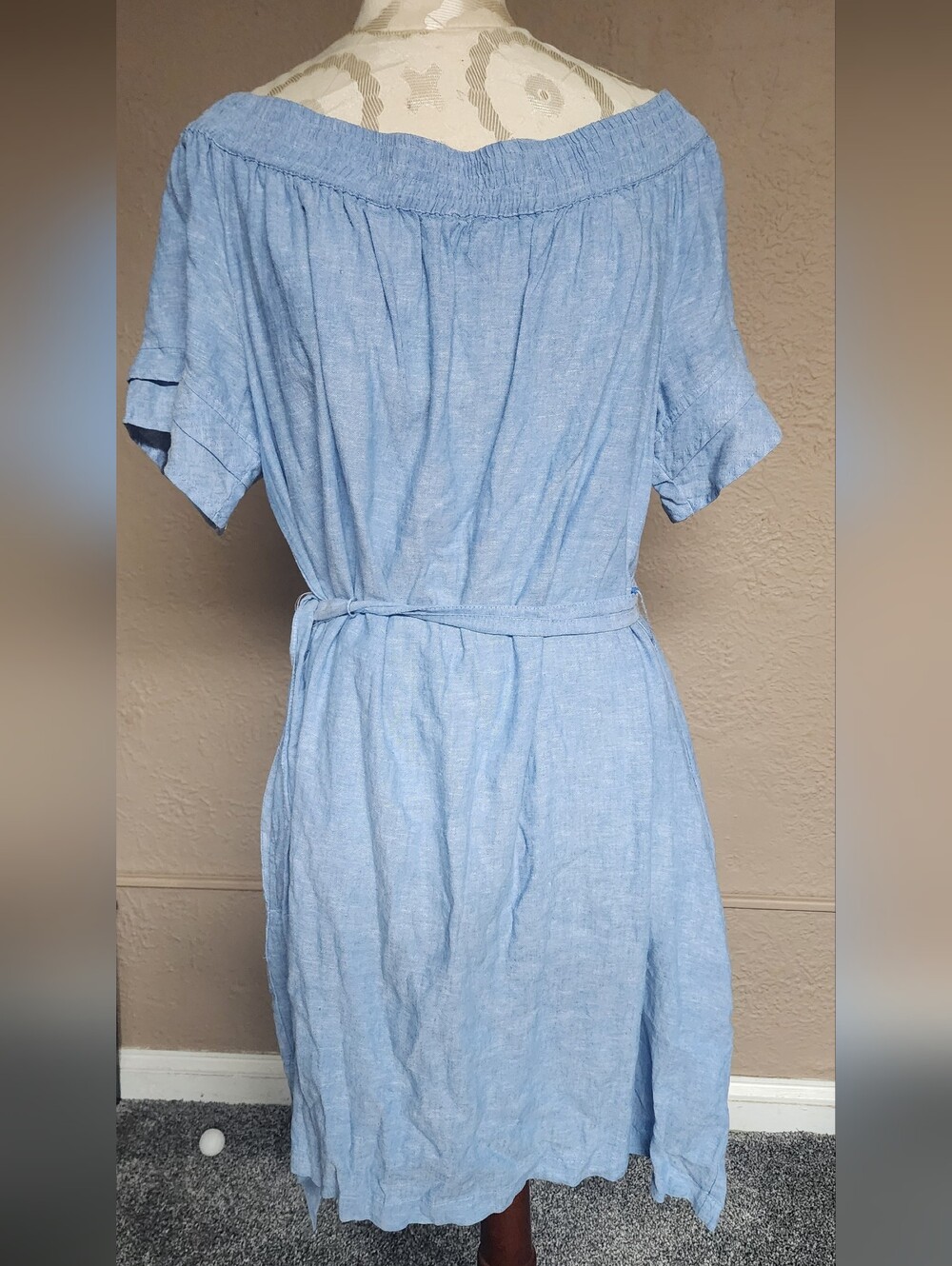 Light Blue Off-Shoulder Linen Dress with Waist Tie XL Gently Used